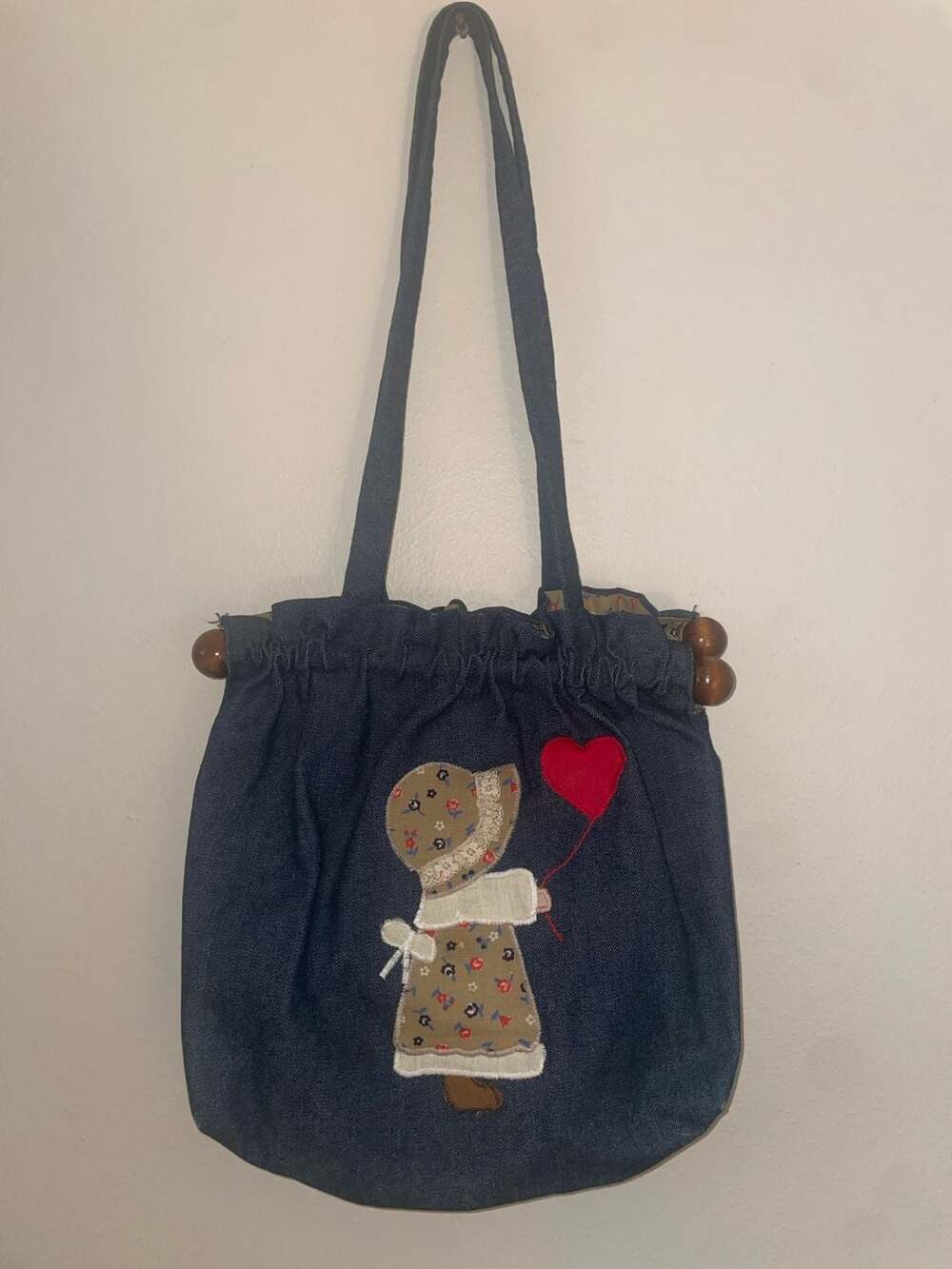 Vintage Denim Tote Bag with Sunbonnet Girl Applique and Heart Balloon